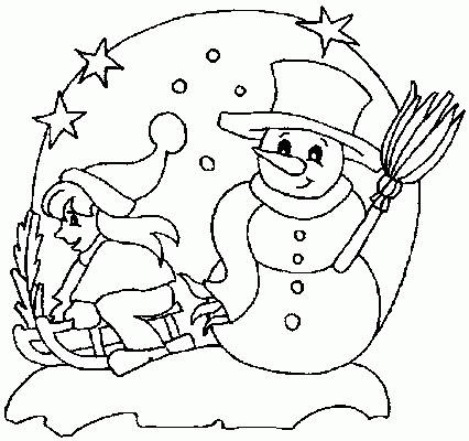 Kolorowanka z bałwankiem i dzieckiem na sankach - Zimowa radość dla dzieci i dorosłych kolorowanka do druku